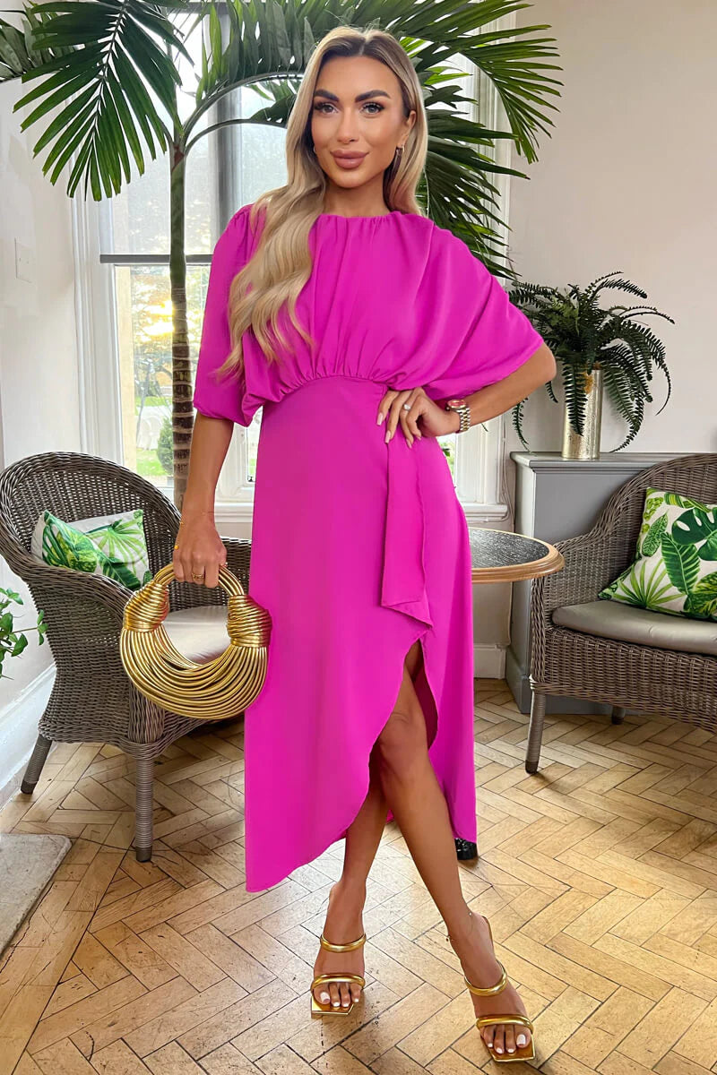 Destiny Hot Pink Batwing Top Wrap Skirt Midi Dress